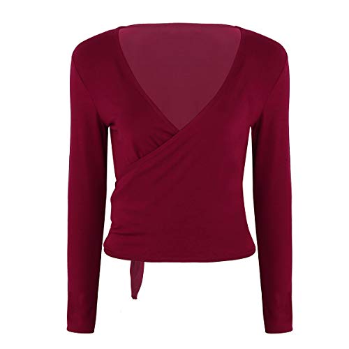 Agoky Cardigan Cruzado Wraps Chaqueta Danza Ballet Baile Latino Mujer Top Manga Larga Capa Elegante para Vestido Maillot Leotardo Invierno Otoño Fiesta Bolero Abrigo Corto Rojo Medium