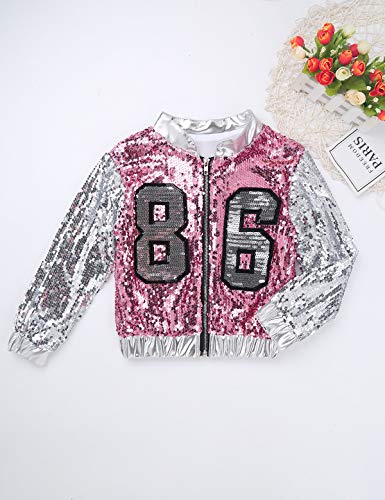 Agoky Chaqueta Danza Niña Jazz Hip Hop Moderno Lentejuelas Brillante Trajes Abrigo con Cremallera Manga Larga Tops Ropa de Baile para Chica Disfraces de Baile Actuación Plata y Rosa 7-8 Años