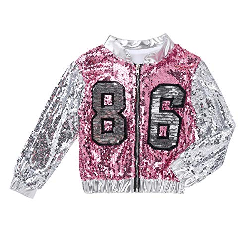 Agoky Chaqueta Danza Niña Jazz Hip Hop Moderno Lentejuelas Brillante Trajes Abrigo con Cremallera Manga Larga Tops Ropa de Baile para Chica Disfraces de Baile Actuación Plata y Rosa 7-8 Años