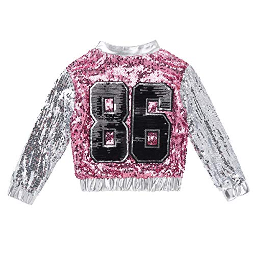 Agoky Chaqueta Danza Niña Jazz Hip Hop Moderno Lentejuelas Brillante Trajes Abrigo con Cremallera Manga Larga Tops Ropa de Baile para Chica Disfraces de Baile Actuación Plata y Rosa 7-8 Años