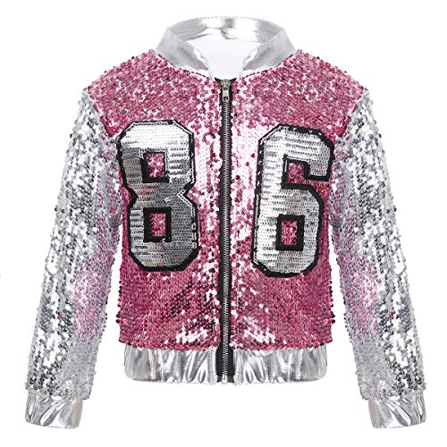 Agoky Chaqueta Danza Niña Jazz Hip Hop Moderno Lentejuelas Brillante Trajes Abrigo con Cremallera Manga Larga Tops Ropa de Baile para Chica Disfraces de Baile Actuación Plata y Rosa 7-8 Años