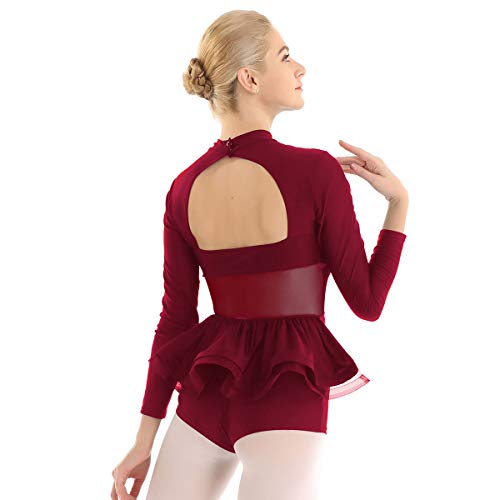 Agoky Maillot de Ballet Danza para Mujer Vestido Tutú Patinaje Artístico Sin Espalda Leotardo Mono de Gimnasia Rítmica con Volantes Traje de Bailarina Vino Rojo X-Small