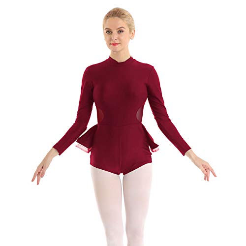 Agoky Maillot de Ballet Danza para Mujer Vestido Tutú Patinaje Artístico Sin Espalda Leotardo Mono de Gimnasia Rítmica con Volantes Traje de Bailarina Vino Rojo X-Small
