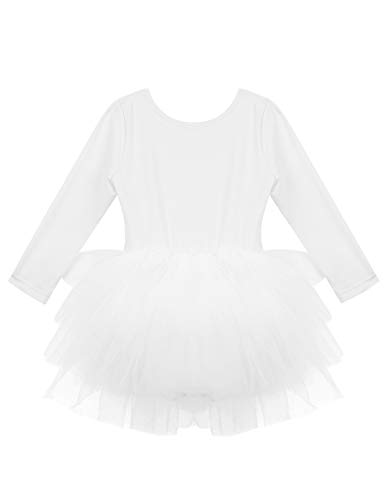 Agoky Maillot de Danza Clásica para Niña Vestido Tutú de Ballet Manga Larga Leotardo Body de Gimnasia Rítmica con Falda Disfraz Bailarina Dancewear Blanco 7-8 años