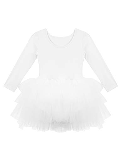 Agoky Maillot de Danza Clásica para Niña Vestido Tutú de Ballet Manga Larga Leotardo Body de Gimnasia Rítmica con Falda Disfraz Bailarina Dancewear Blanco 7-8 años