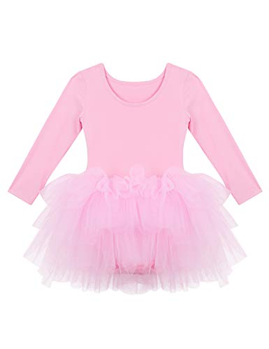 Agoky Maillot de Danza Clásica para Niña Vestido Tutú de Ballet Manga Larga Leotardo Body de Gimnasia Rítmica con Falda Disfraz Bailarina Dancewear Rosa A 5-6 años