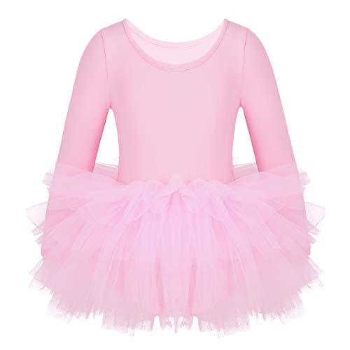 Agoky Maillot de Danza Clásica para Niña Vestido Tutú de Ballet Manga Larga Leotardo Body de Gimnasia Rítmica con Falda Disfraz Bailarina Dancewear Rosa A 5-6 años