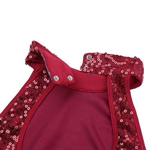 Agoky Maillot Largo de Ballet Lentejuelas para Mujer Vestido de Danza Lírica Contemporánea Leotardo de Gimnasia Patinaje con Falda Tul Dancewear Vino Rojo Medium