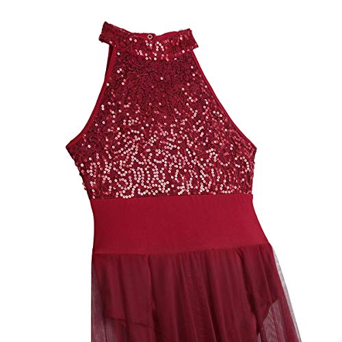 Agoky Maillot Largo de Ballet Lentejuelas para Mujer Vestido de Danza Lírica Contemporánea Leotardo de Gimnasia Patinaje con Falda Tul Dancewear Vino Rojo Medium