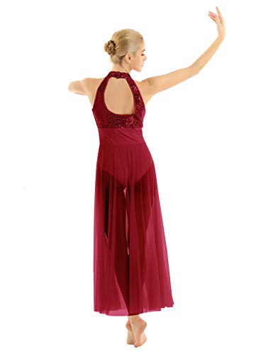 Agoky Maillot Largo de Ballet Lentejuelas para Mujer Vestido de Danza Lírica Contemporánea Leotardo de Gimnasia Patinaje con Falda Tul Dancewear Vino Rojo Medium
