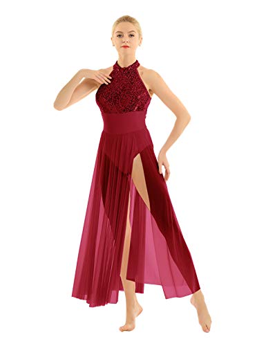 Agoky Maillot Largo de Ballet Lentejuelas para Mujer Vestido de Danza Lírica Contemporánea Leotardo de Gimnasia Patinaje con Falda Tul Dancewear Vino Rojo Medium