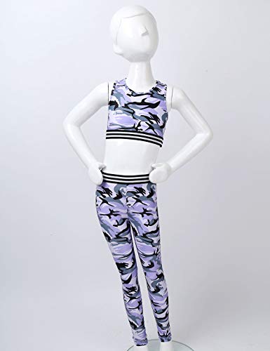 Agoky Niñas Pequeñas Ropa Deportiva Conjunto Crop Top Camiseta Corta sin Manga Pantalones Largos Chándal Traje de Moda Verano para Yoga Fitness Running Violeta 13-14 años