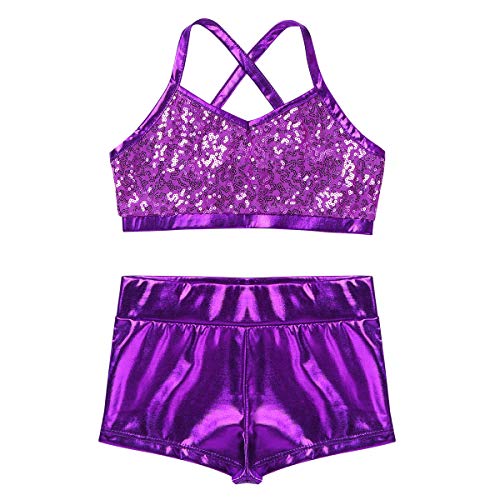 Agoky Ropa Deportiva de Danza Lentejuelas para Niñas Tankini Conjunto Maillot de Gimnasia Rítmica Crop Top Pantalones Cortos Leotardo Yoga Fitness Morado 10-12 años