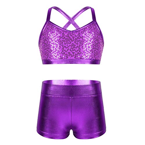 Agoky Ropa Deportiva de Danza Lentejuelas para Niñas Tankini Conjunto Maillot de Gimnasia Rítmica Crop Top Pantalones Cortos Leotardo Yoga Fitness Morado 10-12 años