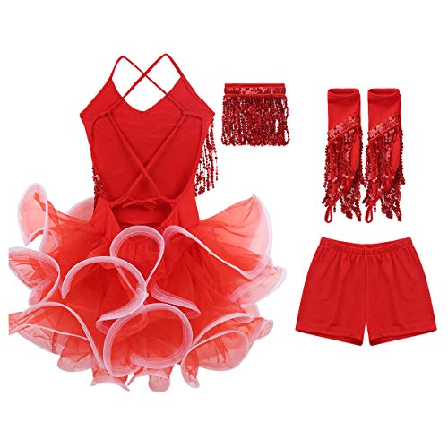 Agoky Vestido de Baile Latino Lentejuelas para Niña 4Pcs Vestido de Danza Flecos Traje de Salsa Rumba Samba Baile de Salón Disfraz Bailarina Fiesta Rojo A 7-8 años