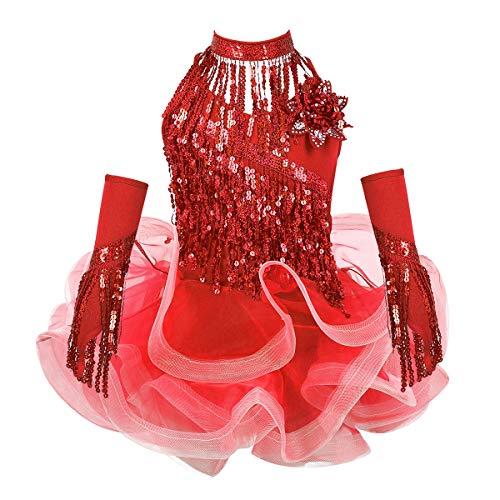Agoky Vestido de Baile Latino Lentejuelas para Niña 4Pcs Vestido de Danza Flecos Traje de Salsa Rumba Samba Baile de Salón Disfraz Bailarina Fiesta Rojo A 7-8 años