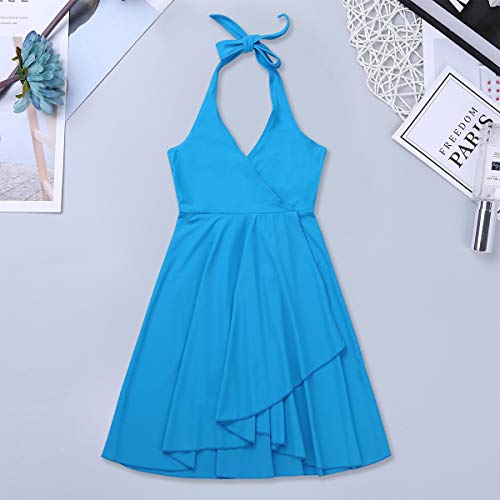 Agoky Vestido de Baile Latino para Niña Vestido de Ballet Danza Lírica Contemporánea Baile de Salón Cuello Halter Disfraz de Bailarina Dancewear Azul 6 Años