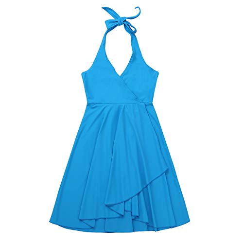Agoky Vestido de Baile Latino para Niña Vestido de Ballet Danza Lírica Contemporánea Baile de Salón Cuello Halter Disfraz de Bailarina Dancewear Azul 6 Años