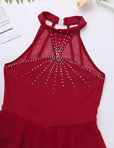Agoky Vestido de Danza Ballet para Niña Maillot de Patinaje Artístico Diamantes Body Leotardo de Baile Gimnasia Rítmica con Falda Disfraz Bailarina Vino Rojo 12 Años