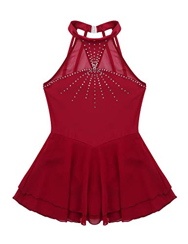 Agoky Vestido de Danza Ballet para Niña Maillot de Patinaje Artístico Diamantes Body Leotardo de Baile Gimnasia Rítmica con Falda Disfraz Bailarina Vino Rojo 12 Años