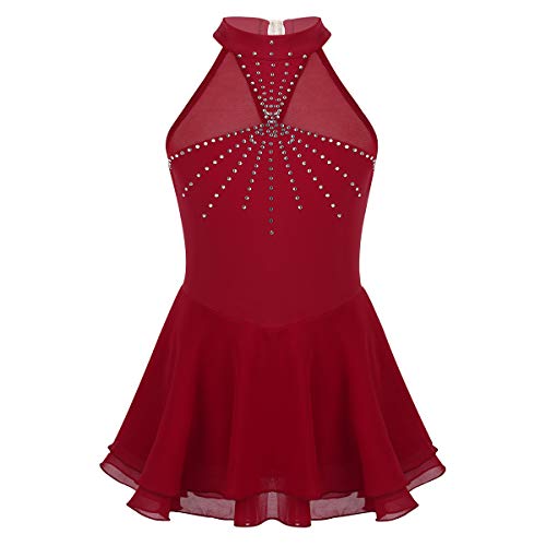 Agoky Vestido de Danza Ballet para Niña Maillot de Patinaje Artístico Diamantes Body Leotardo de Baile Gimnasia Rítmica con Falda Disfraz Bailarina Vino Rojo 12 Años