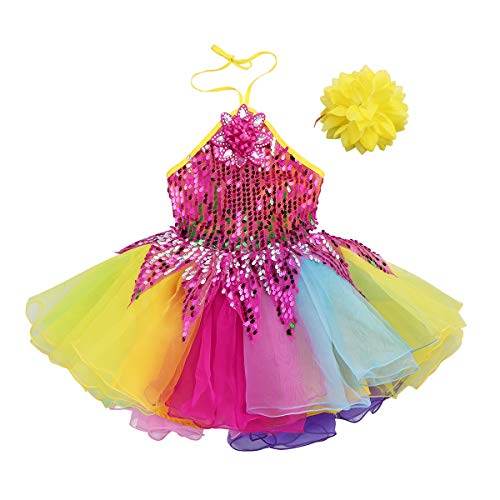 Agoky Vestido Tutú de Danza Ballet Flor 3D para Niña Cuello Halter Maillot de Bailarina Lentejuelas Disfraces Traje Baile Jazz Traje de Actuación Fiesta Carnaval Chica Colorful 8-10 años