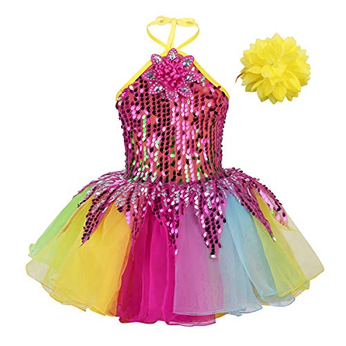 Agoky Vestido Tutú de Danza Ballet Flor 3D para Niña Cuello Halter Maillot de Bailarina Lentejuelas Disfraces Traje Baile Jazz Traje de Actuación Fiesta Carnaval Chica Colorful 8-10 años