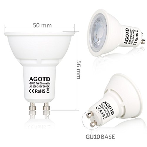 AGOTD Bombillas LED GU10 Regulable 7w Blanco Cálido, Alta Compatibilidad, Sin Parpadeo, Sin Ruido, 3000K, 560Lm, Lampara Halogenos Equivalentes a 50 Watt, 230V, Pack de 6 AGOTD Bombillas LED GU10 Regulable 7w Blanco Cálido, Alta Compatibilidad, Sin Parpadeo, Sin Ruido, 3000K, 560Lm, Lampara Halogenos Equivalentes a 50 Watt, 230V, Pack de 6