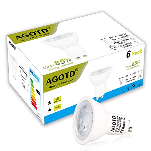 AGOTD Bombillas LED GU10 Regulable 7w Blanco Cálido, Alta Compatibilidad, Sin Parpadeo, Sin Ruido, 3000K, 560Lm, Lampara Halogenos Equivalentes a 50 Watt, 230V, Pack de 6 AGOTD Bombillas LED GU10 Regulable 7w Blanco Cálido, Alta Compatibilidad, Sin Parpadeo, Sin Ruido, 3000K, 560Lm, Lampara Halogenos Equivalentes a 50 Watt, 230V, Pack de 6