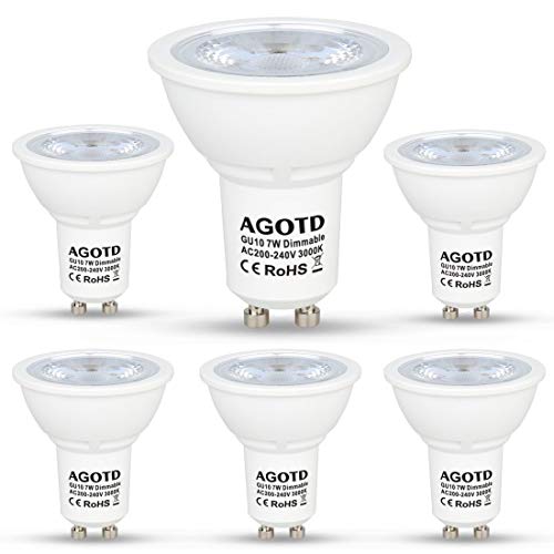 AGOTD Bombillas LED GU10 Regulable 7w Blanco Cálido, Alta Compatibilidad, Sin Parpadeo, Sin Ruido, 3000K, 560Lm, Lampara Halogenos Equivalentes a 50 Watt, 230V, Pack de 6