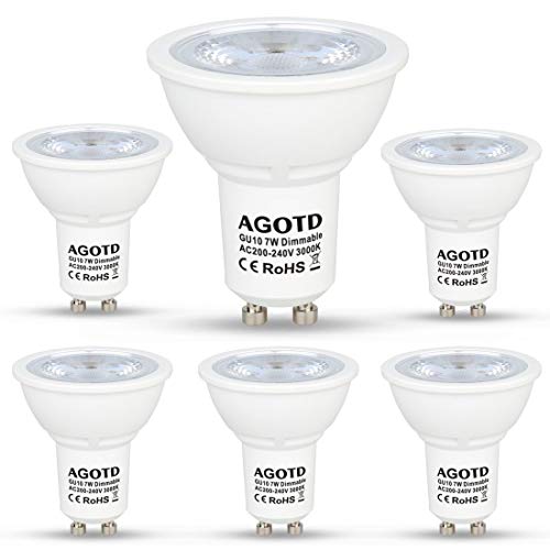 AGOTD Bombillas LED GU10 Regulable 7w Blanco Cálido, Alta Compatibilidad, Sin Parpadeo, Sin Ruido, 3000K, 560Lm, Lampara Halogenos Equivalentes a 50 Watt, 230V, Pack de 6 AGOTD Bombillas LED GU10 Regulable 7w Blanco Cálido, Alta Compatibilidad, Sin Parpadeo, Sin Ruido, 3000K, 560Lm, Lampara Halogenos Equivalentes a 50 Watt, 230V, Pack de 6