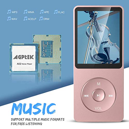 AGPTEK- A02 Reproductor de MP3 8 GB Pantalla de 1,8" con Radio y Grabadora de Voz, Rosa