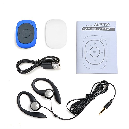 AGPtek G02 Mini-clip Reproductor de MP3 8 GB de capacidad con radio FM( una Funda silicona incluido) , Azul