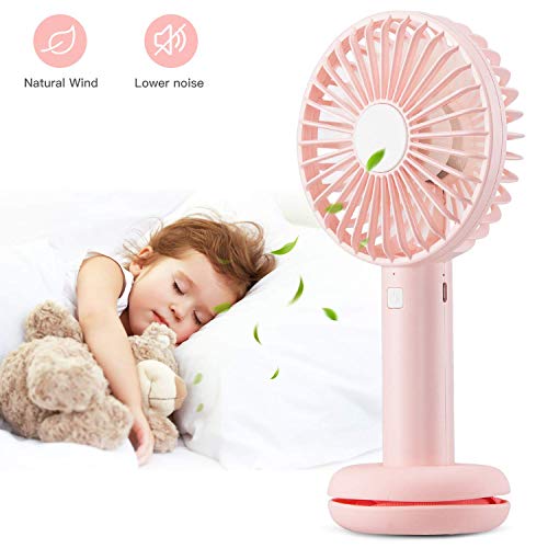 AGPTEK Mini Ventilador USB con Luz de Color, Portátil Ventilador de Mano Recargable de 2600mAh Super Silencioso para Oficina, Viajes, Rosa