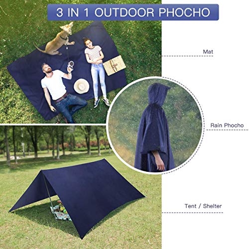 AGPTEK Poncho de Lluvia, 3 En 1 Chubasquero Impermeable Reusable Multifuncional como Manta de Picnic, Toldo para Senderismo, Acampada y Pesca, Adecuado Mujer y Hombre,Azul