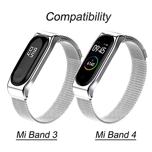 AHANGA Correa para Mi Band 4 Xiaomi Mi Band 3 Correas Metal Pulsera de Actividad Reloj Milanés Wristband Repuesto Bandas de Acero Inoxidable Agradable con Cierre magnético Cerradura Imán Pulseras