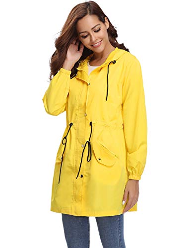 Aibrou Abrigo Impermeables con Capucha para Mujer,Cortavientos,Cortavientos Deportivo de Manga Larga Impermeable,Ligero y Delgado Chubasquero para Exteriores, Amarillo, L