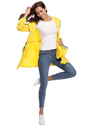 Aibrou Abrigo Impermeables con Capucha para Mujer,Cortavientos,Cortavientos Deportivo de Manga Larga Impermeable,Ligero y Delgado Chubasquero para Exteriores, Amarillo, L