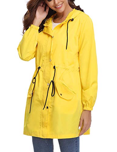 Aibrou Abrigo Impermeables con Capucha para Mujer,Cortavientos,Cortavientos Deportivo de Manga Larga Impermeable,Ligero y Delgado Chubasquero para Exteriores, Amarillo, L