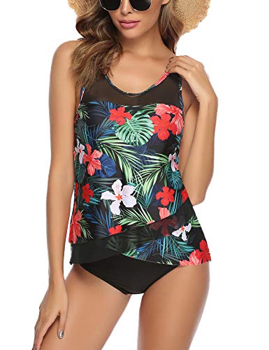 Aibrou Bañador Mujer Blouson Tankini Traje de baño Impreso/Color Sólido Camiseta sin Mangas Top y Pantalones Cortos 2 Piezas Traje de baño Adelgazante Halter Volver Traje, (Rojo Flora, XXL)