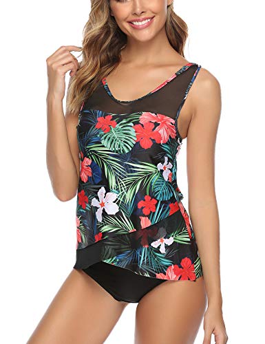 Aibrou Bañador Mujer Blouson Tankini Traje de baño Impreso/Color Sólido Camiseta sin Mangas Top y Pantalones Cortos 2 Piezas Traje de baño Adelgazante Halter Volver Traje, (Rojo Flora, XXL)