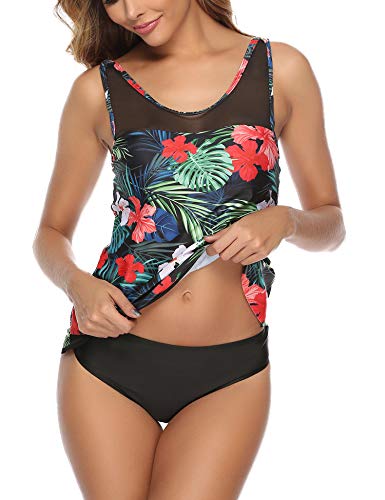 Aibrou Bañador Mujer Blouson Tankini Traje de baño Impreso/Color Sólido Camiseta sin Mangas Top y Pantalones Cortos 2 Piezas Traje de baño Adelgazante Halter Volver Traje, (Rojo Flora, XL)