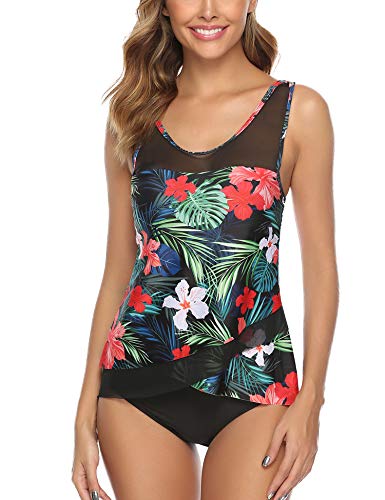 Aibrou Bañador Mujer Blouson Tankini Traje de baño Impreso/Color Sólido Camiseta sin Mangas Top y Pantalones Cortos 2 Piezas Traje de baño Adelgazante Halter Volver Traje, (Rojo Flora, XL)