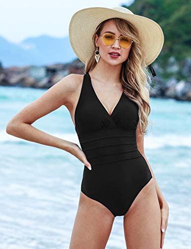 Aibrou Bañador Mujer Sexy,Trajes de baño de Una Pieza Cuello en V Profundo bañador Flores Reductor Halter con Espalda Vendaje Monokini Verano Vacaciones Playa, (Negro, XXL)