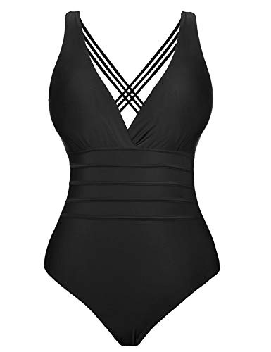 Aibrou Bañador Mujer Sexy,Trajes de baño de Una Pieza Cuello en V Profundo bañador Flores Reductor Halter con Espalda Vendaje Monokini Verano Vacaciones Playa, (Negro, XXL)