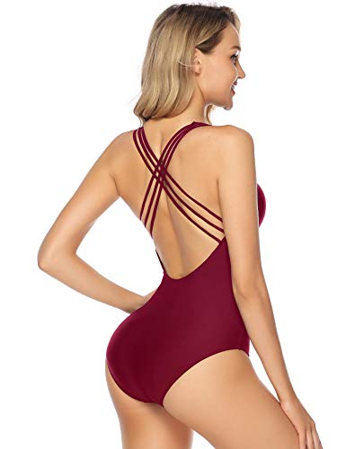 Aibrou Bañadores Mujer 2020 Trajes de Baño de Una Pieza Correas traseras Vendaje Bañadores Sexys Cuello en V Profundo Playa Monokini, (Vino Tinto, XL)