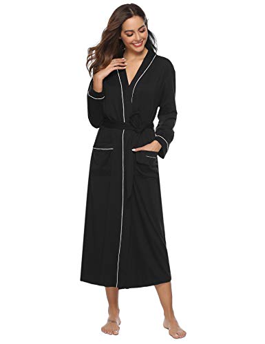 Aibrou Bata para Mujer Algodón Albornoz Kimono con Cinturón,Ropa de Dormir Casa Cuello en V Clásico y Cómodo Talla S-XXL