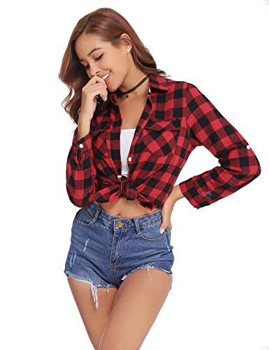 Aibrou Camisa Franela de Cuadros Mujer,Blusa Casual Camisas  Clásica Manga Larga con Botones,Ropa de Trabajo de Equipo  para Primavera Otoño Invierno (Rojo, L)