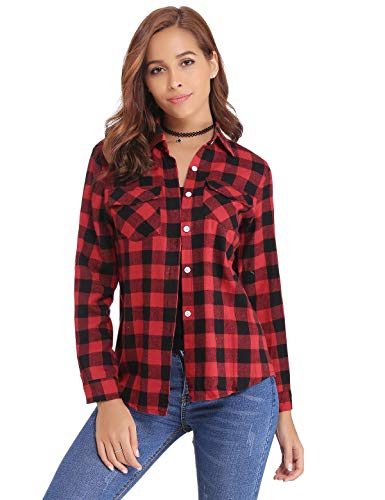 Aibrou Camisa Franela de Cuadros Mujer,Blusa Casual Camisas  Clásica Manga Larga con Botones,Ropa de Trabajo de Equipo  para Primavera Otoño Invierno (Rojo, L)