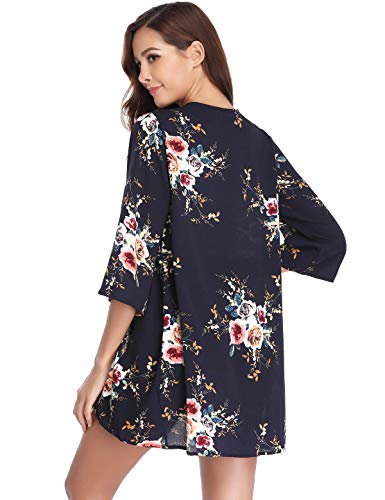 Aibrou Cárdigan Kimonos Mujer Camisolas y Pareos Pareo Playa,Cardigan Verano Manga 3/5 Tops Blusa Floral Suelta,Vacaciones Playa Chal,(Armada, S)